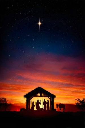 A serene scene depicting the birth of Jesus in a stable, featuring silhouettes of the Three Wise Men against a colorful sunset sky and a shining star above.の素材