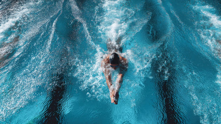 A swimmer in a black cap trains vigorously in a bright blue Olympic pool, showcasing skill and determination as he nears the finish line during competition.の素材