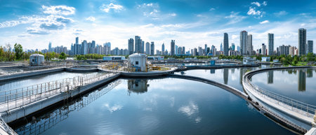 A vibrant city skyline reflects in calm waters of a water treatment plant. Skylines and buildings rise majestically against a backdrop of fluffy clouds.の素材