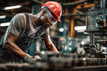 A factory worker in a red hard hat examines machinery carefully. The environment is bustling with activity, showcasing an industrial setting during daytime.の素材