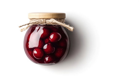 Smooth and shiny cherry jam fills a charming jar, adorned with fresh cherries. The rustic presentation highlights the homemade elegance and vibrant fruit colors.の素材