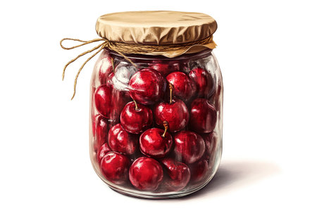 Rich cherry jam fills a rustic glass jar, showing glossy red cherries nestled inside, evoking a sense of home-made goodness and vibrant flavors.の素材