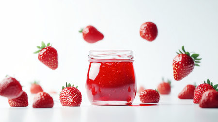 A jar filled with luscious strawberry jam is surrounded by gleaming fresh strawberries, creating an inviting and vibrant composition that celebrates summer flavors.の素材