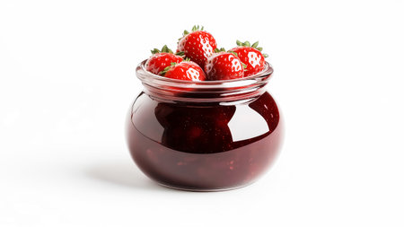A beautifully crafted jar overflows with rich strawberry jam, complemented by fresh strawberries perched atop, all set against a clean white backdrop, evoking a rustic charm.の素材
