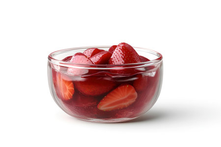 Smooth and shiny strawberry jam fills a glass jar, with plump, ripe strawberries nestled alongside. The rustic charm enhances its appeal on a clean white backdrop.の素材