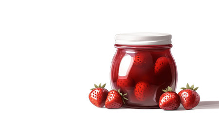 Rich and glossy strawberry jam glistens in a jar beside plump, fresh strawberries, showcasing a rustic charm that's perfect for any kitchen setting.の素材