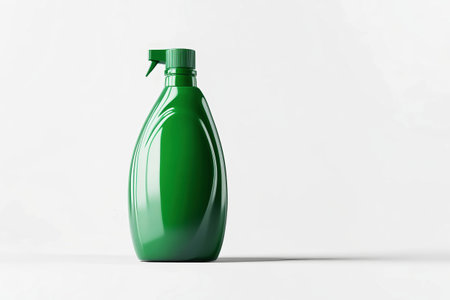 This striking green laundry detergent bottle is artfully positioned on a pristine white background, highlighting its smooth curves and vibrant color in captivating light.の素材