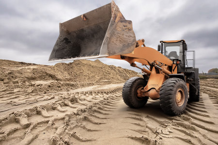 A loader with a large scoop sits on a construction site, surrounded by freshly moved dirt and tire tracks under a cloudy sky during the afternoon.の写真素材