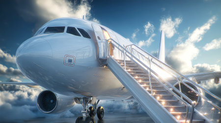 Shiny airplane steps lead upward, welcoming travelers as warm sunshine filters through fluffy clouds, creating a magical atmosphere in the sky.の素材