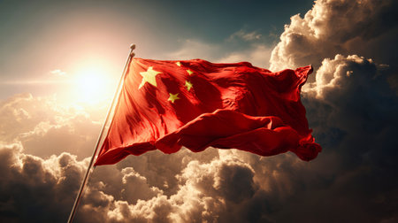 Beneath the glowing sunset, a Chinese flag flutters proudly in the wind, contrasting beautifully with the colorful clouds above, a symbol of unity and strength.の素材