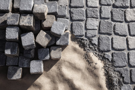 Gray cobblestones are laid alongside sand, creating a sturdy base for a stylish patio. Mortar is prepared, transforming the outdoor area into a welcoming space.の素材