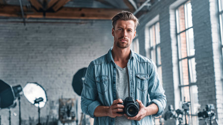 In a modern studio filled with natural light, a confident male photographer stands, holding his camera, ready to capture stunning images and evoke artistic visions.の素材