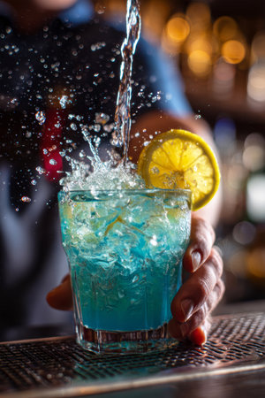 A skilled bartender prepares a vibrant cocktail, splashing water as a man enjoys his brightly colored drink topped with a lemon wedge, embodying a lively dining scene.の素材