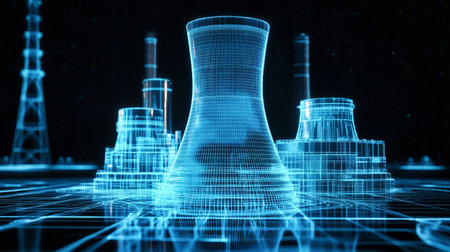 A stunning representation of a nuclear power plant features a blue glowing wireframe hologram illustrating the reactor and cooling towers against a dark backdrop.の素材