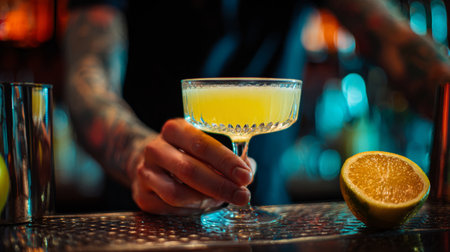 In a lively bar, a skilled bartender holds a delicate cocktail glass filled with fresh lemon and orange juices, showing vibrant colors and creativity.の素材