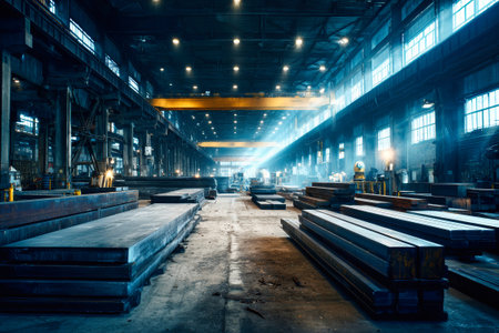 Inside a large warehouse, shafts of light stream through windows, revealing stacks of steel plates and an organized workspace, highlighting industrial activity.の素材