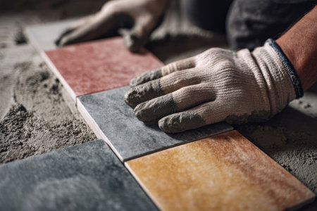 A repairman carefully lays colorful ceramic tiles on a concrete wall, showcasing skilled craftsmanship under bright studio lighting in a creative workspace.の素材