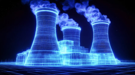 A striking digital illustration showcases a nuclear power plant rendered in wireframe mesh, illuminated by blue lines.の素材