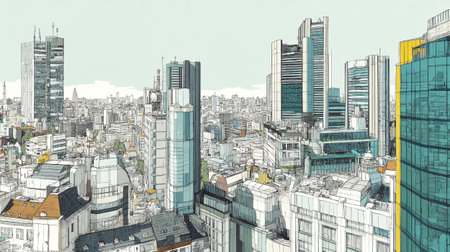 A hand-drawn depiction of a bustling cityscape showcases intricate buildings against clear skies. The artwork features a dynamic color palette and textured effects.の素材