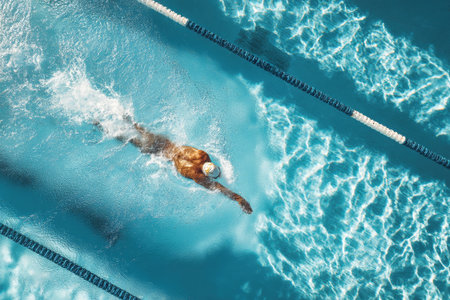 A male swimmer propels himself through the water in an olympic pool, showing speed and strength. This top-down capture reveals the beauty of swimming in action.の素材