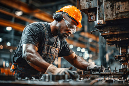 A factory worker wearing safety gear operates machinery, showing concentration. The industrial environment is bustling with activity during the workday.の素材