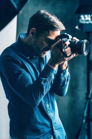 A focused photographer is adjusting his camera, poised to capture stunning images in a well-lit studio space filled with equipment and soft lighting.の素材