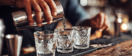 Hands skillfully pour vodka into crystal shot glasses on a rustic bar counter, creating a vibrant atmosphere in a jazz club during an evening setting.の素材