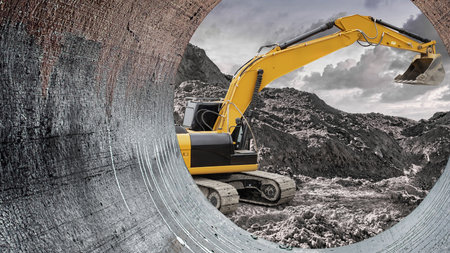 Excavator is digging and moving soil at a construction site. Dark clouds cover the sky, creating a...