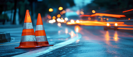 Bright traffic cones mark a winding road as vehicles pass by, their lights blurring into vibrant streaks against the wet surface during twilight.の素材