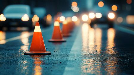 Orange traffic cones line a damp asphalt road under night skies, while blurred car headlights streak past, adding a vibrant motion to the quiet urban setting.の素材