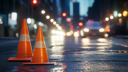 Bright orange traffic cones stand firmly on a wet asphalt road while blurred headlights of passing cars create a dynamic urban backdrop under evening lights.の素材