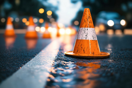 Orange traffic cones illuminate the dark asphalt at night, surrounded by the blurred motion of passing cars, hinting at ongoing construction and safety measures.の素材