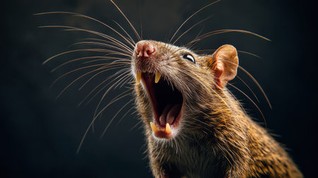 An intense portrait reveals a rat with an open mouth, highlighting its sharp teeth and detail-rich fur. Soft lighting emphasizes shadows, capturing a fierce expression.の素材