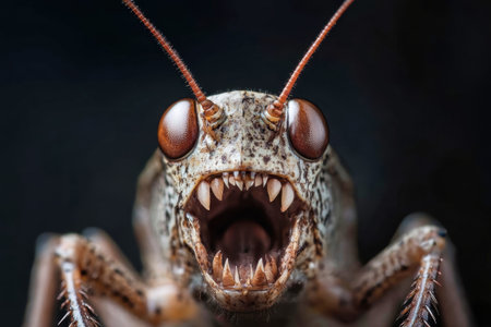 The close-up reveals a menacing locust, its wide-open mouth displaying sharp teeth set against a deep black backdrop, emphasizing its unsettling features.の素材