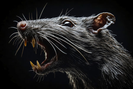 This striking close-up captures an angry rat, exposing its fierce expression and intricate details.の素材