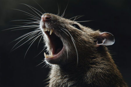 In a dramatic moment, a rat reveals its sharp fangs with an angry expression, set against a dark background that accentuates its detailed fur and lighting.の素材