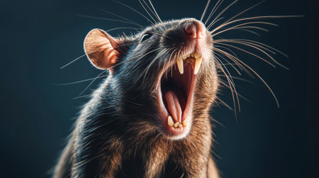 Fierce rat with an open mouth reveals sharp fangs and an angry demeanor. The detailed fur and shadows create an impactful visual experience against a dark backdrop.の素材