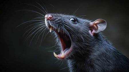 A striking portrayal of an aggressive rat with its mouth wide open, displaying prominent teeth.の素材