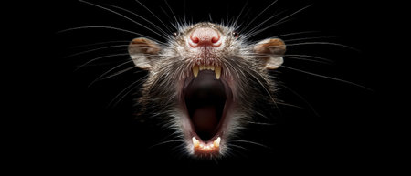 This striking image features a rat with its mouth open, sharp teeth, and detailed whiskers, merging horror and fascination against a dark backdrop.の素材