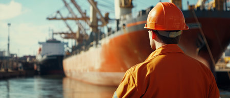 Shipyard workers in orange hard hats collaborate in front of massive cargo ships, analyzing their surroundings and planning for upcoming tasks at the port.の素材