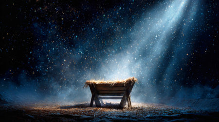 A brilliant star shines over the manger where baby Jesus was born. The night sky sparkles as snowflakes fall gently, creating a peaceful atmosphere.の素材