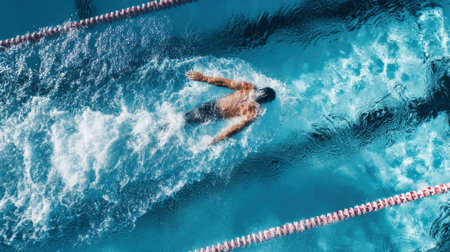 From above, a professional male athlete in a black swimming cap powers through the blue water, racing towards the finish line in an Olympic competition.の素材