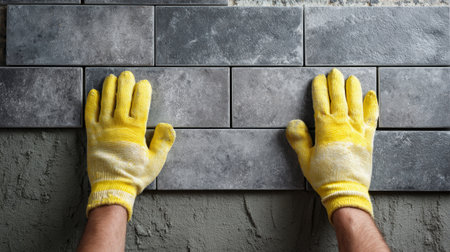 Yellow-gloved hands methodically apply ceramic tiles to a rough concrete wall, showing the meticulous craftsmanship involved in home improvement projects.の素材