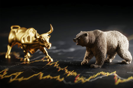 A striking black and gold tableau features a golden bull and a bear in sharp focus, emphasizing their contrasting positions against a declining stock market backdrop.の素材