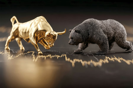 A golden bull confronts a black bear against a sleek black background, embodying the tension in stock market trends illustrated by downward lines.の素材