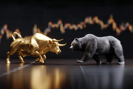 A golden bull confronts a black bear against a dark backdrop, with a declining stock market chart visible. Realistic and detailed representation captures market dynamics.の素材