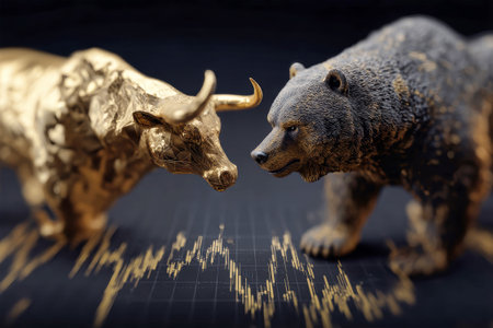 A golden bull confronts a bear against a modern black and gold background featuring a downward stock market chart, capturing financial tension.の素材