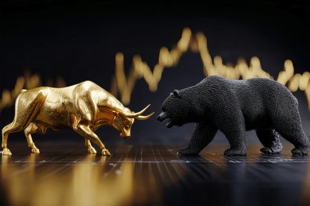 A golden bull and a black bear confront each other against a sleek black and gold backdrop, symbolizing financial tension amid a declining stock market trend.の素材