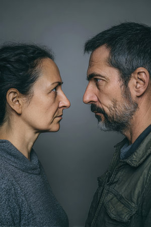 An intense moment unfolds as a middle-aged couple confronts each other, their expressions revealing deep-seated emotions against a muted background.の素材