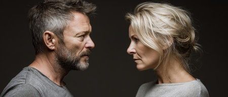 The couple shares a heated moment, eyes locked in anger. Soft studio lighting emphasizes their furrowed brows and intense expressions, highlighting emotional turmoil.の素材